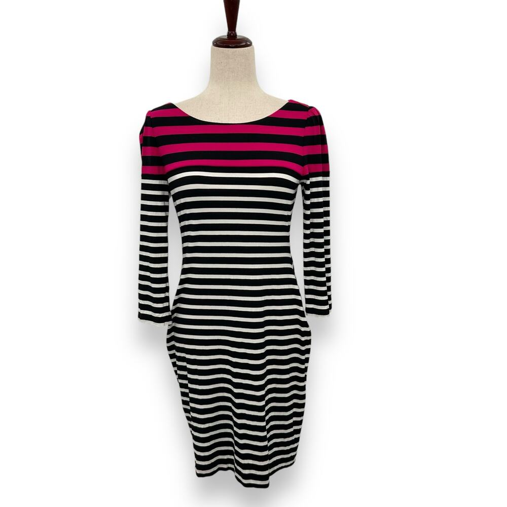 Joseph Ribkoff Dress Size 6 Black & White Stripe 3/4 Sleeve Fitted Sheath Pink